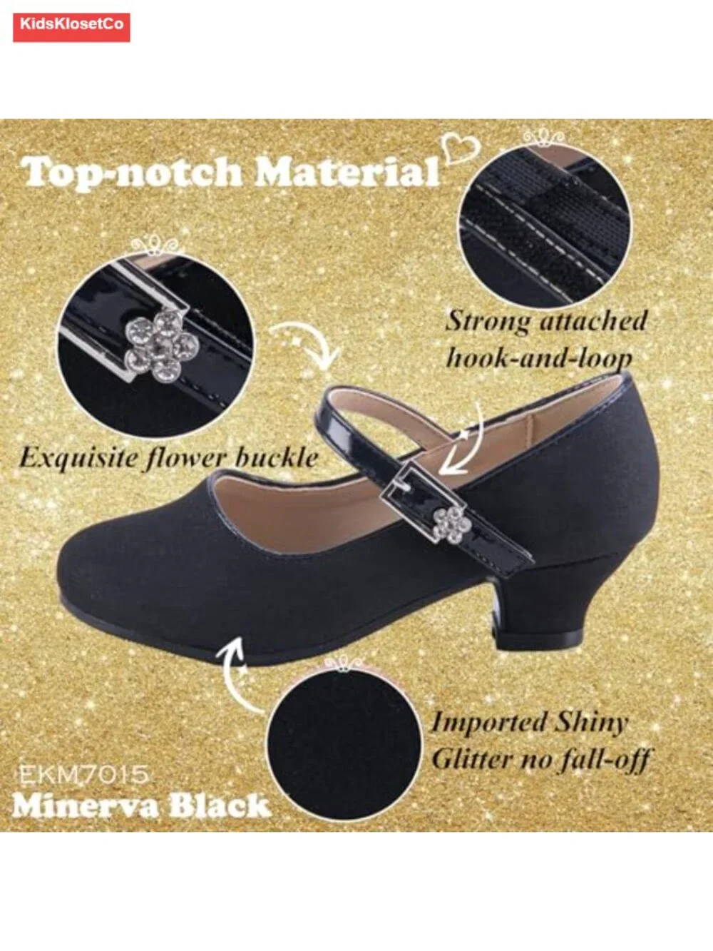 Girls Mary Jane Dress Shoes Glitter Block Heel Hook Loop Toddler Party Wedding